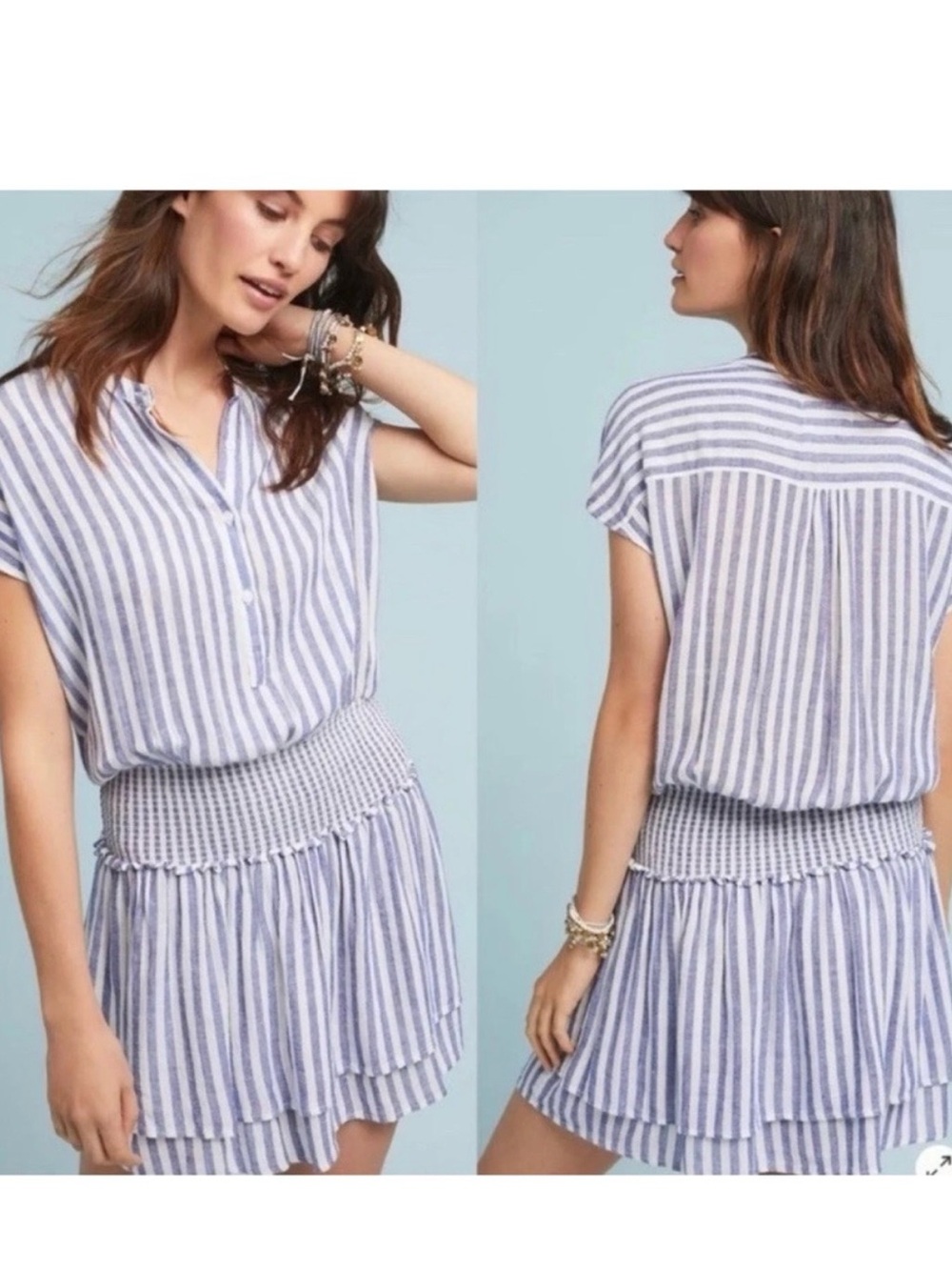 RAILS Blue and White Striped Linen Dress with Smocked Waist